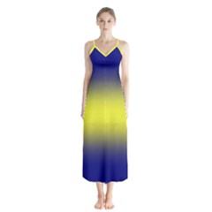 Navy Blue To Electric Yellow Bilinear Gradient Button Up Chiffon Maxi Dress by GradientsOmbre