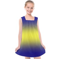 Navy Blue To Electric Yellow Bilinear Gradient Kids  Cross Back Dress by GradientsOmbre