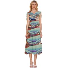 Wave Japanese Mount Fuji Ocean V-neck Drawstring Shoulder Sleeveless Maxi Dress by Bedest