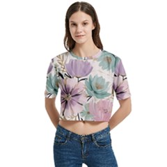 Flowers Pattern Floral Women s Round Neck Short Sleeve Crop Top by Sabxi