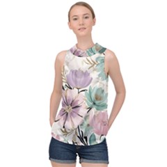 Flowers Pattern Floral High Neck Satin Top by Sabxi