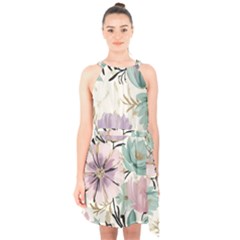 Flowers Pattern Floral Halter Collar Waist Tie Chiffon Dress by Sabxi