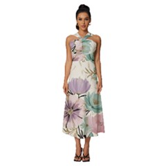 Flowers Pattern Floral Sleeveless Cross Front Cocktail Midi Chiffon Dress by Sabxi