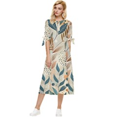 Leaves Pattern Flora Bow Sleeve Chiffon Midi Dress by Sabxi