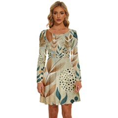 Leaves Pattern Flora Long Sleeve Wide Neck Velvet Dress by Sabxi