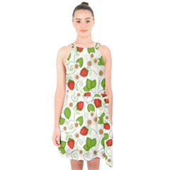 Strawberry Fruit Pattern Leaves Halter Collar Waist Tie Chiffon Dress by Sabxi