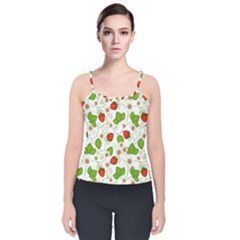 Strawberry Fruit Pattern Leaves Velvet Spaghetti Strap Top by Sabxi