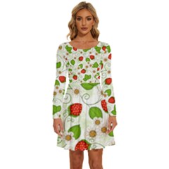 Strawberry Fruit Pattern Leaves Long Sleeve Wide Neck Velvet Dress by Sabxi