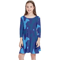 Blue Camouflage Pattern Kids  Quarter Sleeve Skater Dress by kyorashop23