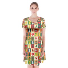 Template Christmas Pattern Short Sleeve V-neck Flare Dress by Proyonanggan