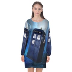 Tardis Doctor Who Space Blue Long Sleeve Chiffon Shift Dress  by Cemarart