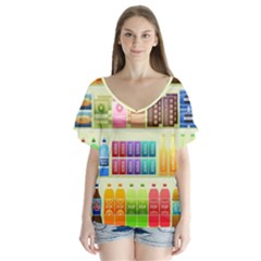 Supermarket Shelf Products Snacks V-neck Flutter Sleeve Top by Cemarart