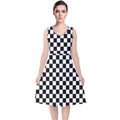 Pattern Checkered Squares Black White Pattern V-neck Midi Sleeveless Dress  by Sabxi