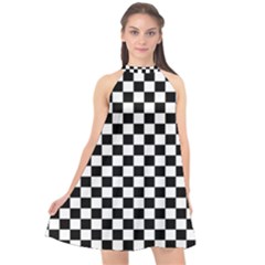 Pattern Checkered Squares Black White Pattern Halter Neckline Chiffon Dress  by Sabxi