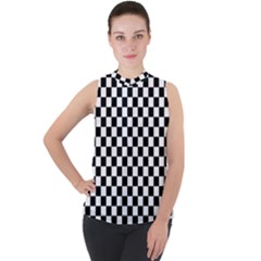 Pattern Checkered Squares Black White Pattern Mock Neck Chiffon Sleeveless Top by Sabxi