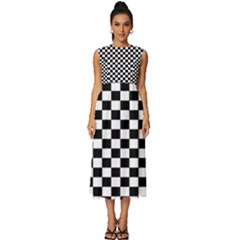 Pattern Checkered Squares Black White Pattern Sleeveless Round Neck Midi Dress by Sabxi