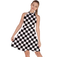 Pattern Checkered Squares Black White Pattern Sleeveless Halter Neck A-line Dress by Sabxi