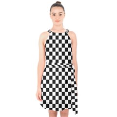 Pattern Checkered Squares Black White Pattern Halter Collar Waist Tie Chiffon Dress by Sabxi