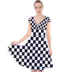 Pattern Checkered Squares Black White Pattern Cap Sleeve Front Wrap Midi Dress by Sabxi