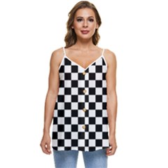 Pattern Checkered Squares Black White Pattern Casual Spaghetti Strap Chiffon Top by Sabxi