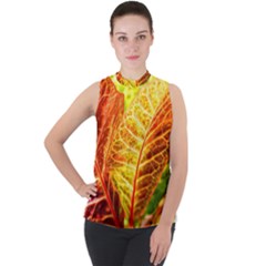 Leaves Plant Pattern Croton Nature Mock Neck Chiffon Sleeveless Top by Sabxi