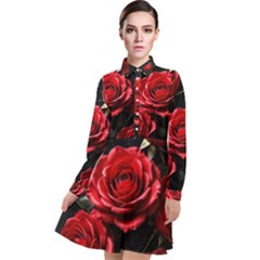 Red Roses Long Sleeve Chiffon Shirt Dress by Sabxi