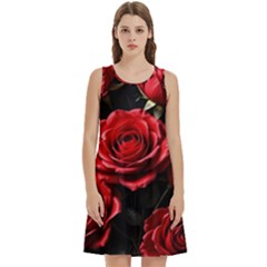 Red Roses Round Neck Sleeve Casual Dress With Pockets by Sabxi