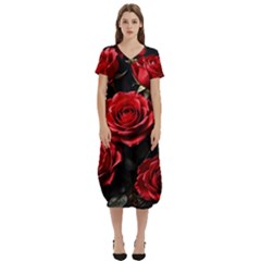 Red Roses T-shirt Midi Dress With Pockets by Sabxi