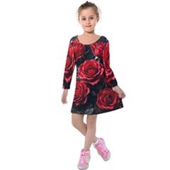 Red Roses Kids  Long Sleeve Velvet Dress by Sabxi