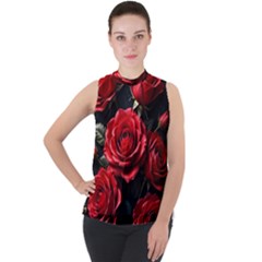 Red Roses Mock Neck Chiffon Sleeveless Top by Sabxi