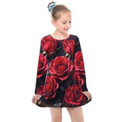 Red Roses Kids  Long Sleeve Dress by Sabxi