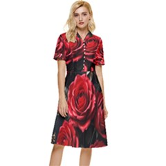 Red Roses Button Top Knee Length Dress by Sabxi