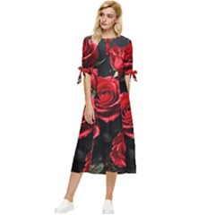 Red Roses Bow Sleeve Chiffon Midi Dress by Sabxi