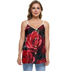 Red Roses Casual Spaghetti Strap Chiffon Top by Sabxi