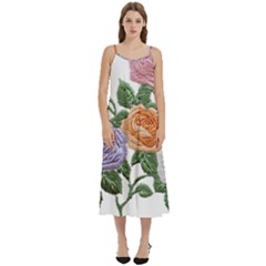 Embroidery Roses Floral Design Casual Spaghetti Strap Midi Dress by Sabxi