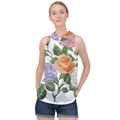 Embroidery Roses Floral Design High Neck Satin Top by Sabxi