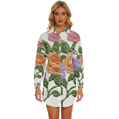 Embroidery Roses Floral Design Womens Long Sleeve Shirt Dress by Sabxi