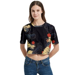 Korean Art Flowers Asian Pattern Women s Round Neck Short Sleeve Crop Top by Sabxi