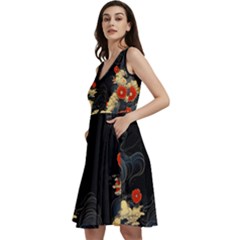 Korean Art Flowers Asian Pattern Sleeveless V-neck Skater Dress With Pockets by Sabxi