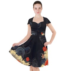 Korean Art Flowers Asian Pattern Cap Sleeve Midi Dress by Sabxi