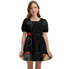 Korean Art Flowers Asian Pattern Kids  Short Sleeve Dolly Dress by Sabxi