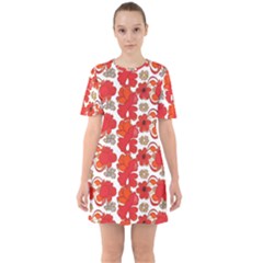 Mid Century Retro Floral 1970s 1960s Pattern 91 Sixties Short Sleeve Mini Dress by violetheavensky