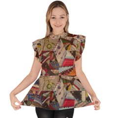 Background Embroidery Pattern Stitches Abstract Ruffle Collar Short Sleeve Chiffon Top by Ket1n9
