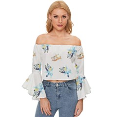 Bluey, Bluey Merch, Bluey Pattern, Bluey Bluey, Bingo, Bluey Design, Bluey Dog Off Shoulder Flutter Bell Sleeve Top by avitendut