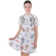 Bluey, Bluey Merch, Bluey Pattern, Bluey Bluey, Bingo, Bluey Design, Bluey Dog Short Sleeve Shoulder Cut Out Dress  by avitendut