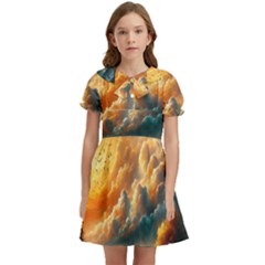 Nature Storm Painting Kids  Bow Tie Puff Sleeve Dress by Anend