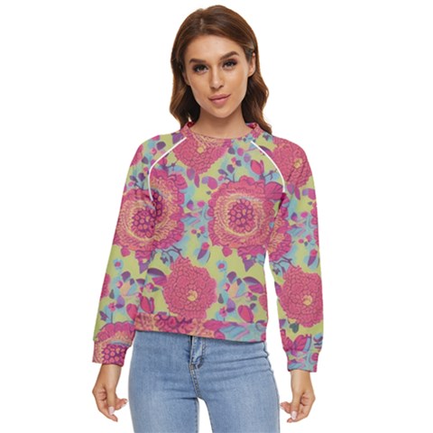 Mid Century Retro Floral 1970s 1960s Pattern 82 Women s Long Sleeve Raglan T-shirt by violetheavensky