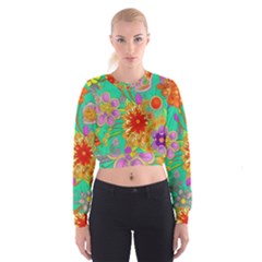 Mid Century Retro Floral 1970s 1960s Pattern 58 Cropped Sweatshirt by violetheavensky