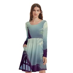 Village Moon Cloudy Historical Tudor Architecture Houses Town Night Windows City Long Sleeve Knee Length Skater Dress With Pockets by Posterlux