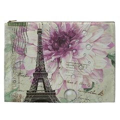 Purple Floral Vintage Paris Eiffel Tower Art Cosmetic Bag (xxl) by chicelegantboutique